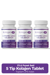 Collagen Life 5 Tip Kolajen (Tip 1, Tip 2, Tip 3, Tip 5 ve Tip 10) 3'lü Set - 3 x 90 Tablet