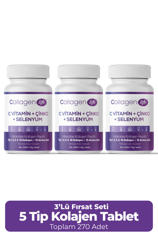 Collagen Life 5 Tip Kolajen (Tip 1, Tip 2, Tip 3, Tip 5 ve Tip 10) 3'lü Set - 3 x 90 Tablet