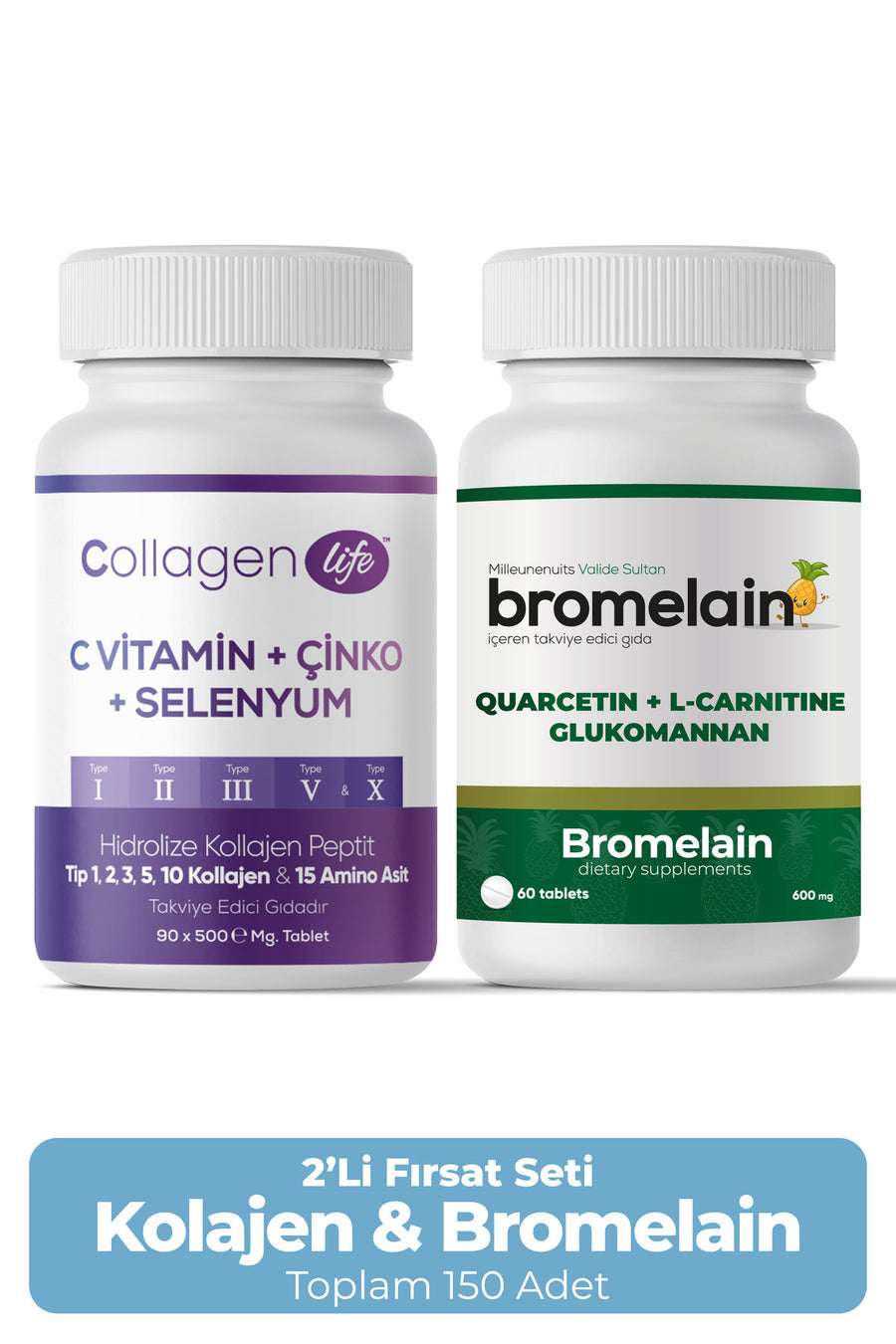 Collagen Life Profesyonel Destek Seti: 5 Tip Kolajen (90 Tablet) & Bromelain Kompleks (60 Tablet)