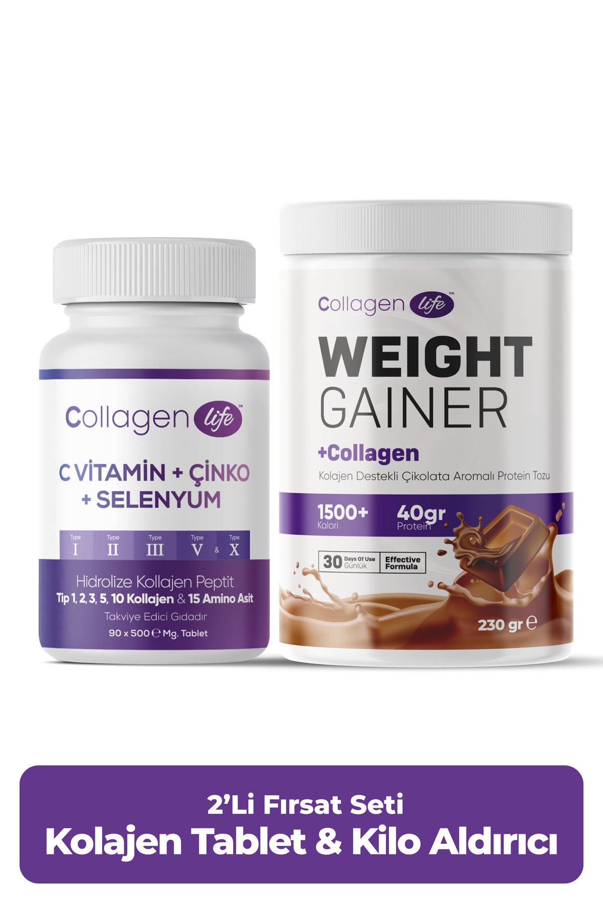 Collagen Life Hacim ve Yapısal Destek Seti: 5 Tip Kolajen (90 Tablet) & Kolajenli Gainer (230 Gr)