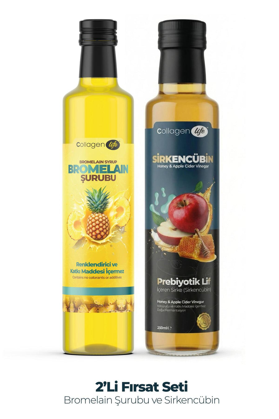 Collagen Life Form ve Denge Seti: Bromelain Şurup (250 Ml) & Sirkencübin Prebiyotik Sirke (250 Ml)