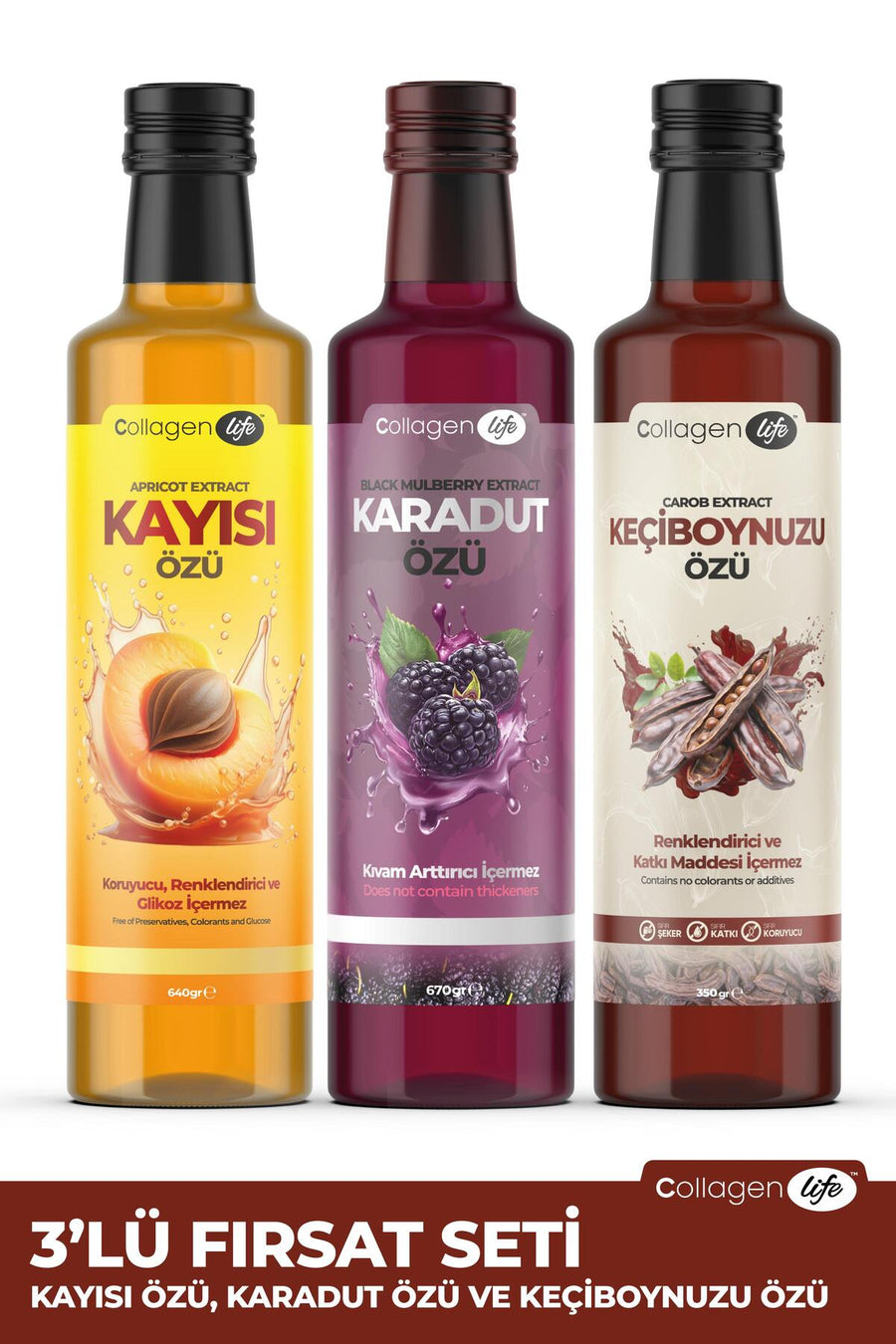 Doğal Karadut Özü, Kayısı Özü ve Keçiboynuzu Özü -  3'lü Özel Set